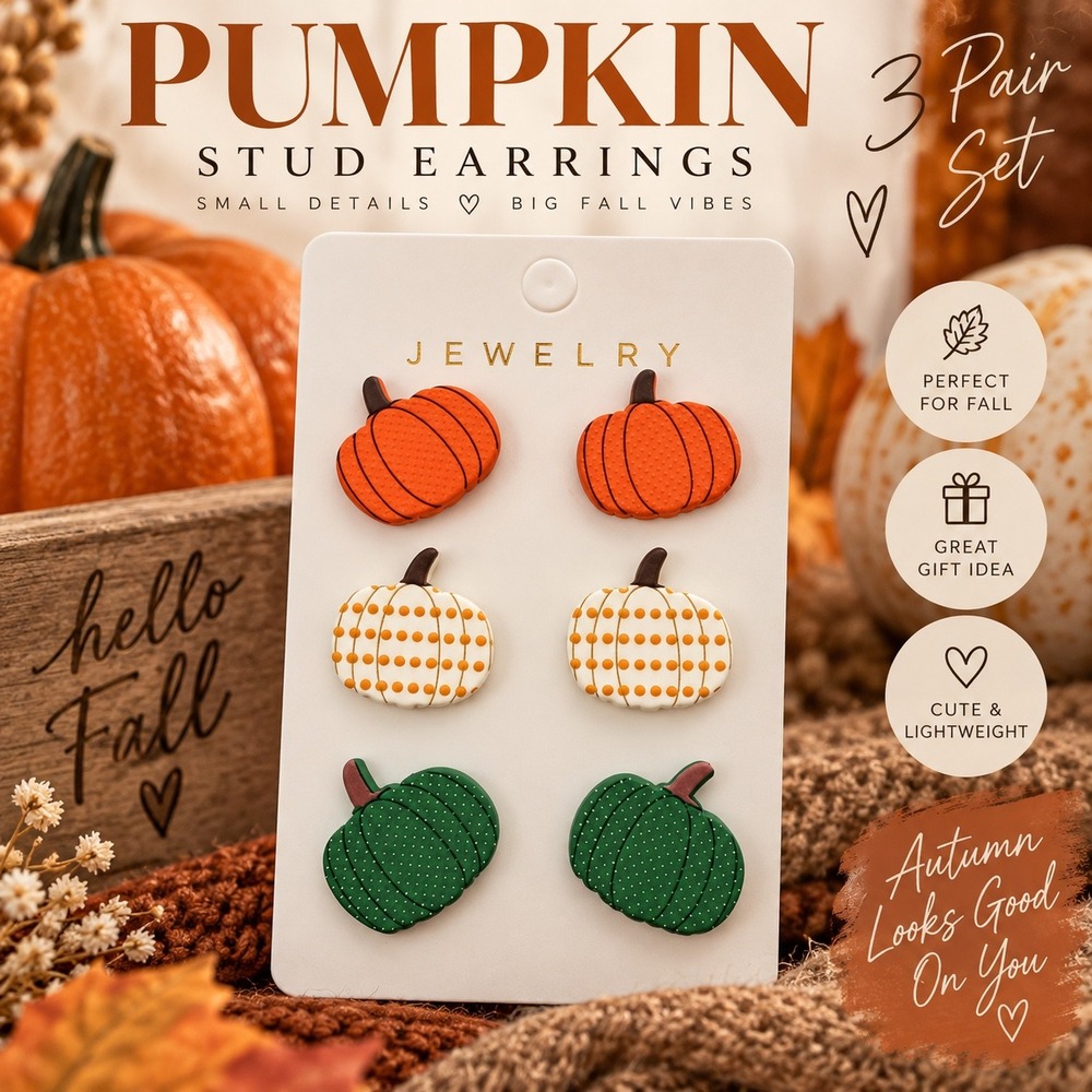 Pumpkin Stud Earrings Set Fall Autumn Cottagecore Thanksgiving Jewelry 3 Pair